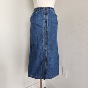 Vintage 90s Medium Wash Denim Button Front High Waist Jean Midi Skirt Jones 10